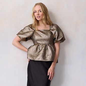 Petite LC Lauren Conrad Puff Sleeve Peplum Top