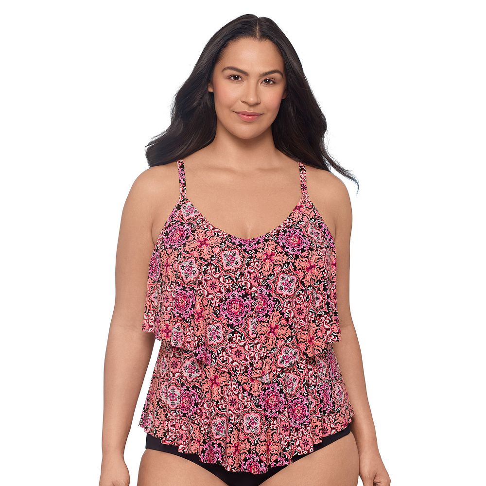 Trimshaper Women's Ronnie Two Tier Ruffle Plus Tankini Swimsuit Top Rip Tide