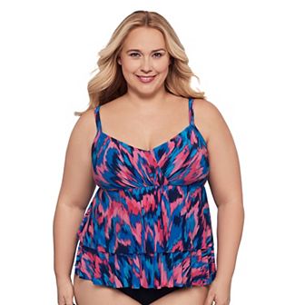 Plus Size Trimshaper Leona Tankini Swim Top with V-Neck and Flounce Design