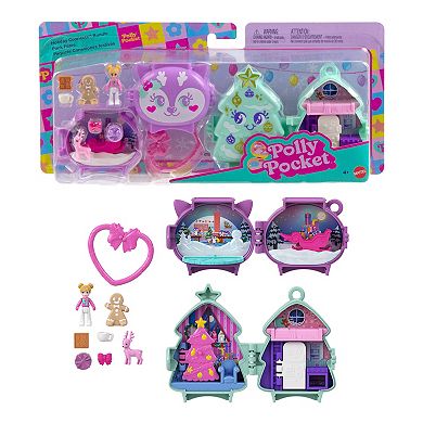 Polly Pocket Holiday Connects Bundle Stackable Compact Playset with Micro Doll Accessories