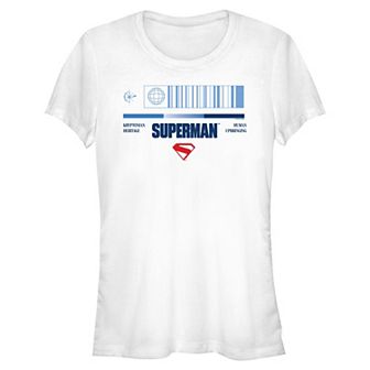 Juniors' DC Comics Superman Barcode Kryptonian Heritage Human Upbringing Fitted Graphic Tee