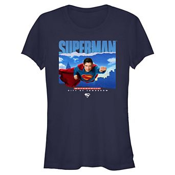 Juniors' DC Comics Superman In Flight Over Metropolis Skyline Fitted Graphic Tee