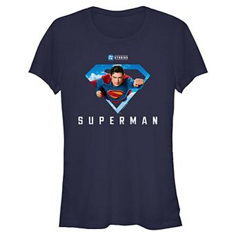 Juniors' DC Comics Superman In Flight Cloud Filled Shield Fitted Graphic Tee