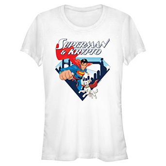 Juniors' DC Comics Superman & Krypto Metropolis Filled Shield Fitted Graphic Tee