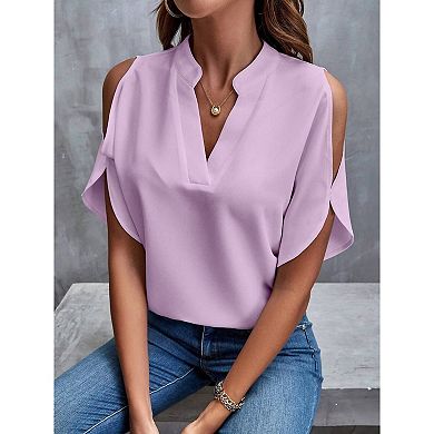 Women V Neck Off Shoulder Short Sleeve T-Shirt Summer Casual Solid Blouse Tops