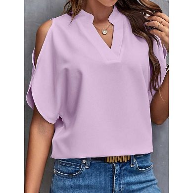Women V Neck Off Shoulder Short Sleeve T-Shirt Summer Casual Solid Blouse Tops