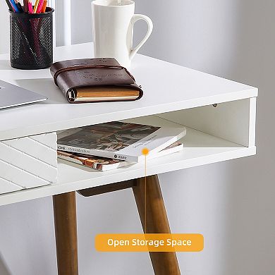 42 Inch Mid Century Home Office Writing Desk, with Drawer and Open Storage Cubby