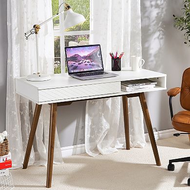 42 Inch Mid Century Home Office Writing Desk, with Drawer and Open Storage Cubby