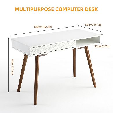 42 Inch Mid Century Home Office Writing Desk, with Drawer and Open Storage Cubby