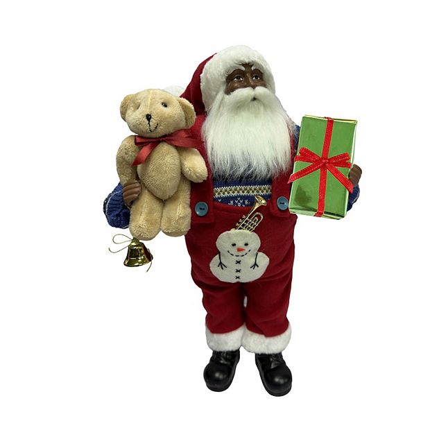 African American Santa with Teddy Bear and Gift Box Christmas Ornament