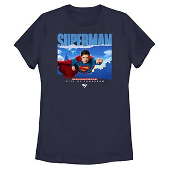 Juniors' DC Comics Superman In Flight Over Metropolis Skyline Graphic Tee