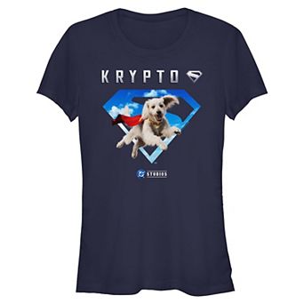 Juniors' DC Comics Superman Krypto Sky Filled Shield Fitted Graphic Tee