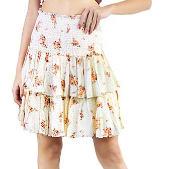 Women's Layered Ruffle High Smocked Waist Flared Floral Summer Mini Skirt