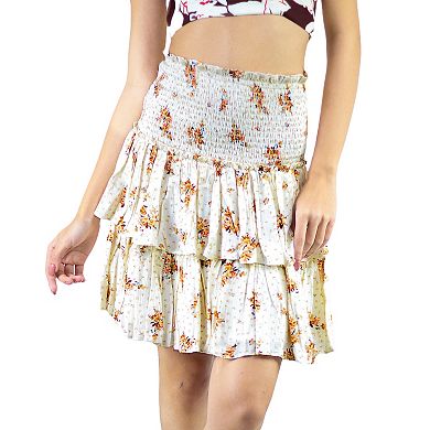 Women's Layered Ruffle High Smocked Waist Flared Floral Summer Mini Skirt