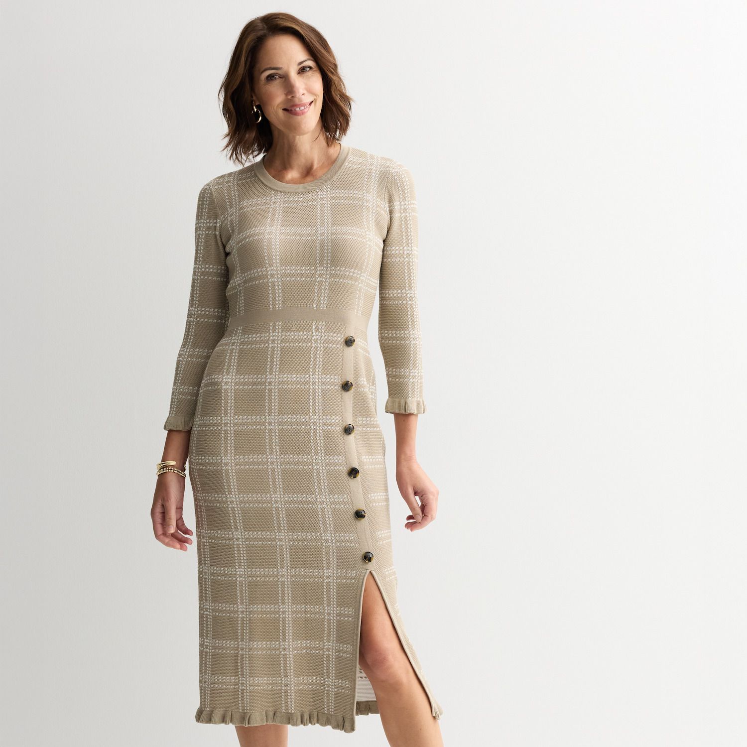 Женские платья Sandra Darren Three-Quarter Sleeve Window Pane Sweater Dress