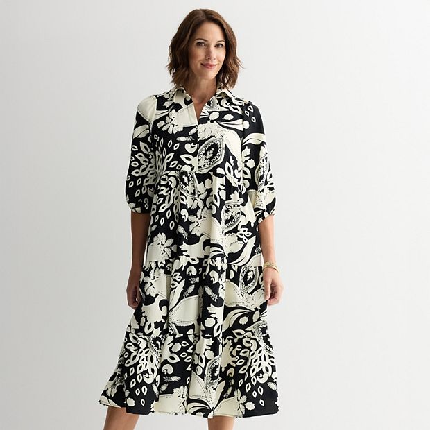Women's Sandra Darren Flowy Three-Quarter Sleeve Shirtdress, Size: Small, Black Tan