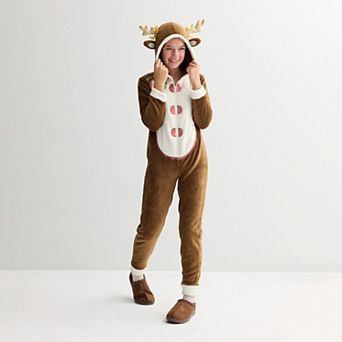 Girls 7-18 33 Degrees Long Sleeve Reindeer Christmas Bodysuit in Regular & Plus Size
