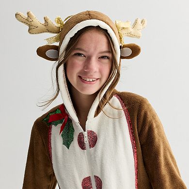 Girls 7-18 33 Degrees Long Sleeve Reindeer Christmas Bodysuit in Regular & Plus Size