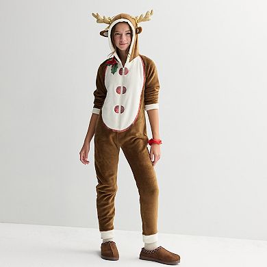Girls 7-18 33 Degrees Long Sleeve Reindeer Christmas Bodysuit in Regular & Plus Size
