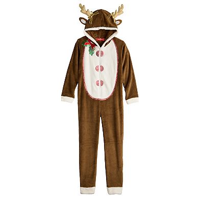 Girls 7-18 33 Degrees Long Sleeve Reindeer Christmas Bodysuit in Regular & Plus Size