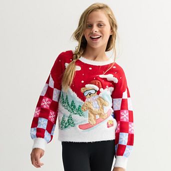 Girls 6-18 33 Degrees Long Sleeve Teddy Bear Graphic Pullover in Regular & Plus Size