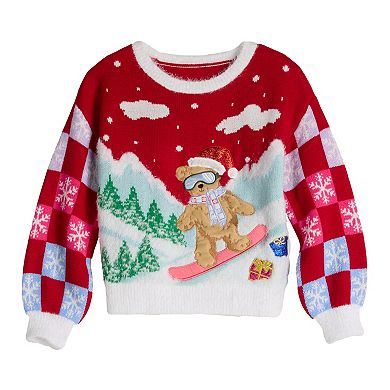 Girls 6-18 33 Degrees Long Sleeve Teddy Bear Graphic Pullover in Regular & Plus Size