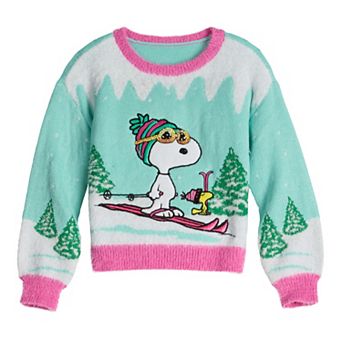 Girls 6-16 33 Degrees Peanuts Snoopy & Woodstock Skiing Graphic Pullover Sweater