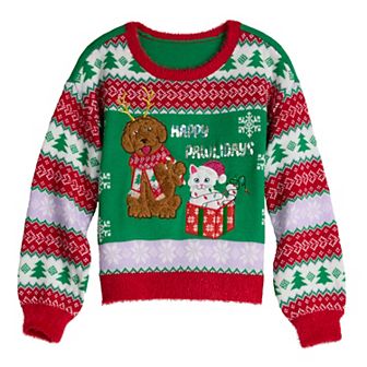 Girls 6-18 33 Degrees Happy Pawlidays Long Sleeve Crewneck Sweater in Regular & Plus Size