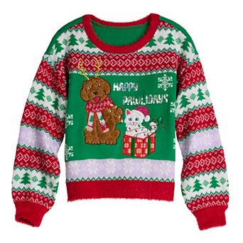 Girls 6-18 33 Degrees Happy Pawlidays Long Sleeve Crewneck Sweater in Regular & Plus Size