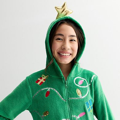 Girls 7-18 33 Degrees Long Sleeve Christmas Tree Bodysuit in Regular & Plus Size