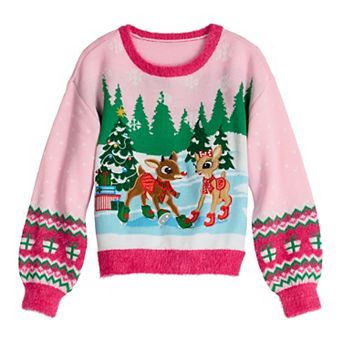 Girls 6-18 33 Degrees Rudolph Skating Graphic Pullover Sweater in Regular & Plus Size