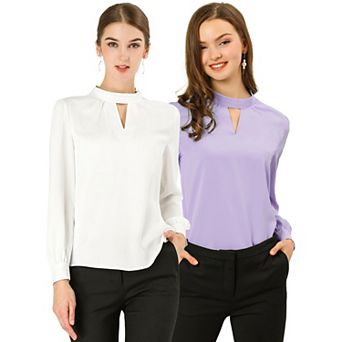 2 Packs Women's Keyhole Stand Collar Pleated Back Button Blouse Tops