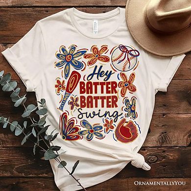 Hey Batter Batter Swing T-Shirt, Retro Baseball Tee with Floral Accents