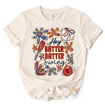 Hey Batter Batter Swing T-Shirt, Retro Baseball Tee with Floral Accents