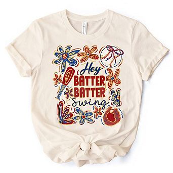 Hey Batter Batter Swing T-Shirt, Retro Baseball Tee with Floral Accents