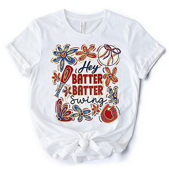 Hey Batter Batter Swing T-Shirt, Retro Baseball Tee with Floral Accents