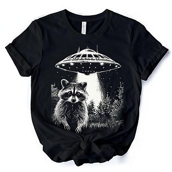 Funny UFO Raccoon T-Shirt, Black Unisex Tee for Alien Enthusiasts