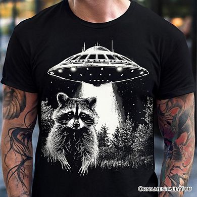 Funny UFO Raccoon T-Shirt, Black Unisex Tee for Alien Enthusiasts