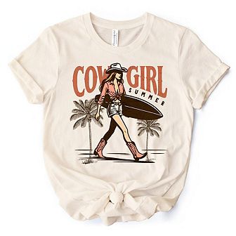 Cowgirl Summer Surf T-Shirt, Retro Western Beach Tee for Free-Spirited Women