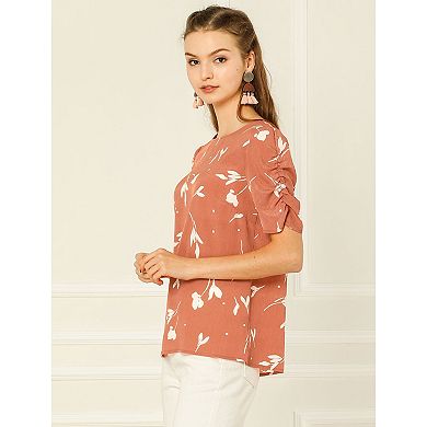2 Packs Women's Floral Blouse Crew Neck Casual Shirred Short Sleeve Top