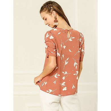 2 Packs Women's Floral Blouse Crew Neck Casual Shirred Short Sleeve Top