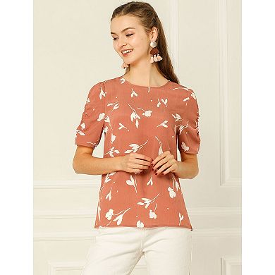 2 Packs Women's Floral Blouse Crew Neck Casual Shirred Short Sleeve Top