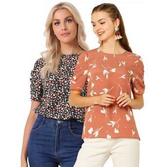 2 Packs Women's Floral Blouse Crew Neck Casual Shirred Short Sleeve Top