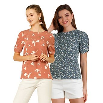 2 Packs Women's Floral Blouse Crew Neck Casual Shirred Short Sleeve Top