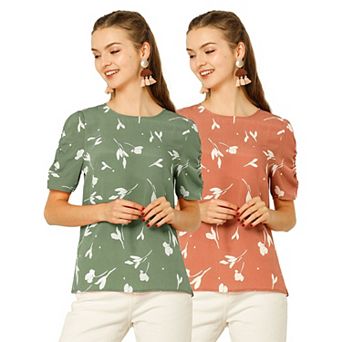 2 Packs Women's Floral Blouse Crew Neck Casual Shirred Short Sleeve Top