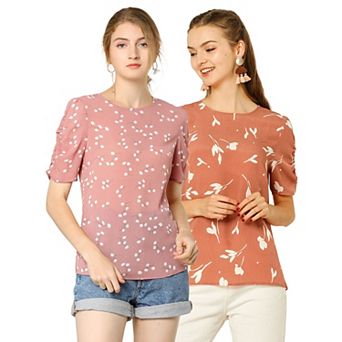 2 Packs Women's Floral Blouse Crew Neck Casual Shirred Short Sleeve Top