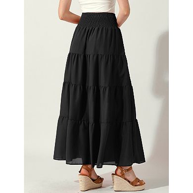 2 Packs Women's Boho Skirts Summer Smocked Elastic Waist Tiered A-Line Beach Maxi Skirt