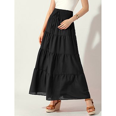 2 Packs Women's Boho Skirts Summer Smocked Elastic Waist Tiered A-Line Beach Maxi Skirt