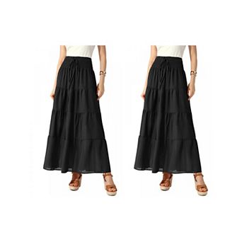 2 Packs Women's Boho Skirts Summer Smocked Elastic Waist Tiered A-Line Beach Maxi Skirt