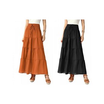 2 Packs Women's Boho Skirts Summer Smocked Elastic Waist Tiered A-Line Beach Maxi Skirt